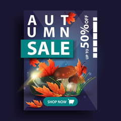 Autumn sale, vertical blue discount banner with mushrooms and autumn leaves