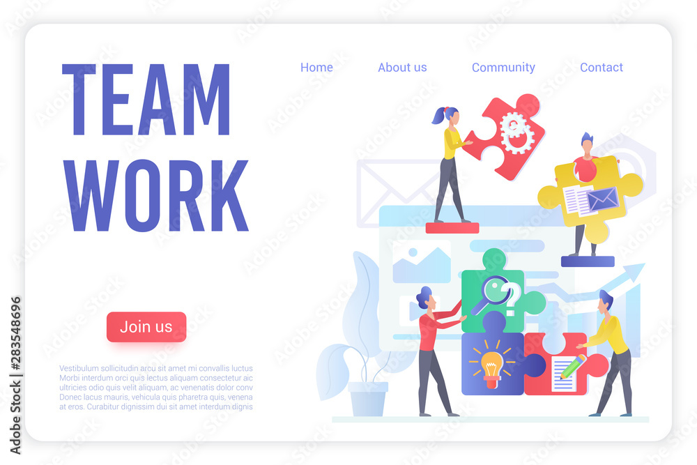 Poster Teamwork organization landing page vector template. Team building exercises website homepage interface layout with flat vector illustrations. Successful project management web banner cartoon concept