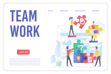 Obraz na płótnie Canvas Teamwork organization landing page vector template. Team building exercises website homepage interface layout with flat vector illustrations. Successful project management web banner cartoon concept