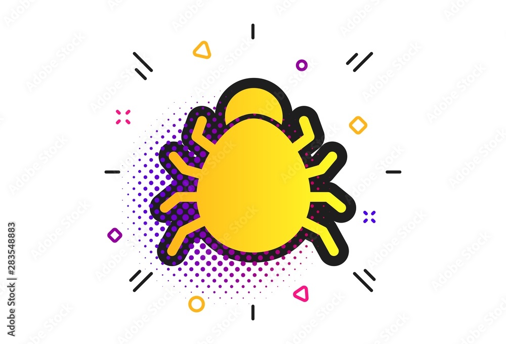 Poster bug sign icon. halftone dots pattern. virus symbol. software bug error. disinfection. classic flat b