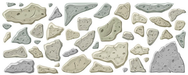 Set of old gray stones. Vector rocks for computer games isolated on white background.