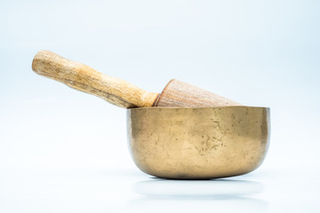 Flat lay composition of Ancient hand crafted traditional Tibetan meditation and healing singing bowls made from 7 sacred metals which are typical accessories used in buddhism, yoga and meditation