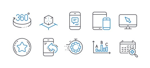 Set of Technology icons, such as Seo timer, Internet, Loyalty star, Augmented reality, 360 degrees, Survey results, Mobile devices, Incoming call, Message, Medical calendar line icons. Vector