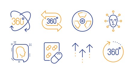 Fototapeta premium 360 degree, Swipe up and Capsule pill line icons set. Full rotation, Face biometrics and Head signs. Chemical hazard, 360 degrees symbols. Virtual reality, Scrolling arrow. Science set. Vector