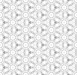 Simple lines, seamless kaleidoscope style abstract black & white B&W geometry pattern, isolated on white background.