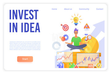 Invest in idea landing page vector template. Business school website homepage interface layout with flat vector illustrations. Stock market trading, project management web banner cartoon concept