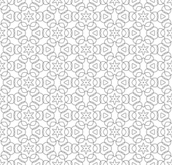 Simple lines, seamless kaleidoscope style abstract black & white B&W geometry pattern, isolated on white background.