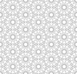 Simple lines, seamless kaleidoscope style abstract black & white B&W geometry pattern, isolated on white background.