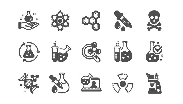 Chemistry lab icons. Chemical formula, Microscope and Medical analysis. Laboratory test flask, reaction tube, chemistry lab icons. Classic set. Quality set. Vector