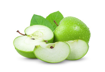 green apple with leaf isolated on white background. full depth of field