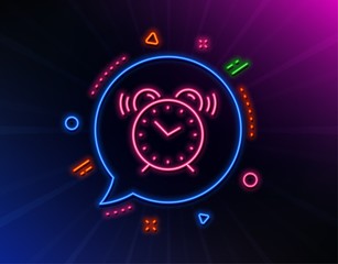 Alarm clock line icon. Neon laser lights. Time sign. Watch symbol. Glow laser speech bubble. Neon lights chat bubble. Banner badge with alarm clock icon. Vector