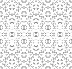 Simple lines, seamless kaleidoscope style abstract black & white B&W geometry pattern, isolated on white background.