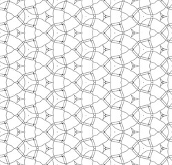 Simple lines, seamless kaleidoscope style abstract black & white B&W geometry pattern, isolated on white background.