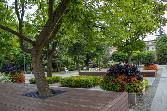Cityscape of pedestrian streets of the Polish city of central Poland Belchatow on a summer day. Energy Center of Poland.