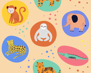 Hand drawn seamless background with monkeys, sloths, elephans, leopards, crocodiles and tigers. Pattern with cute design. Scandinavian style design. Vector illustration