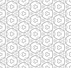 Simple lines, seamless kaleidoscope style abstract black & white B&W geometry pattern, isolated on white background.