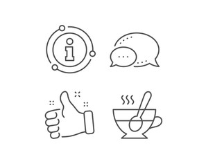 Cup with spoon line icon. Chat bubble, info sign elements. Fresh beverage sign. Latte or Coffee symbol. Linear tea cup outline icon. Information bubble. Vector