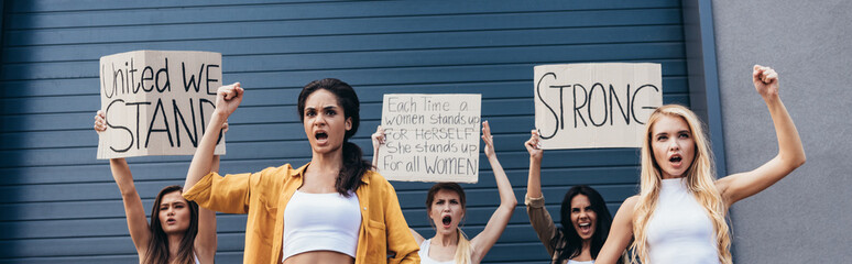 panoramic shot of screaming multiethnic feminists holding placards with feminist slogans and...