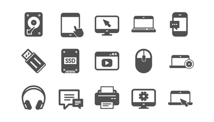 Device icons. Laptop, SSD and Headphones. Printer classic icon set. Quality set. Vector