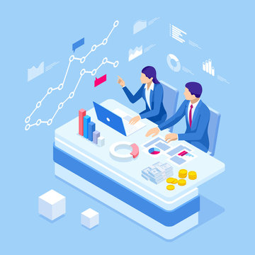 Isometric Business People Talking Conference Meeting Room. Team Work Process. Business Management Teamwork Meeting And Brainstorming. Expert Team For Data Analysis, Business Statistic