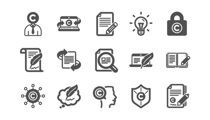Copywriting icons. Copyright, Typewriter and Feedback. Legal content classic icon set. Quality set. Vector