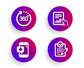 Medical phone, Document and 360 degrees icons simple set. Halftone dots button. Rfp sign. Mobile medicine, File with diagram, Panoramic view. Request for proposal. Science set. Vector