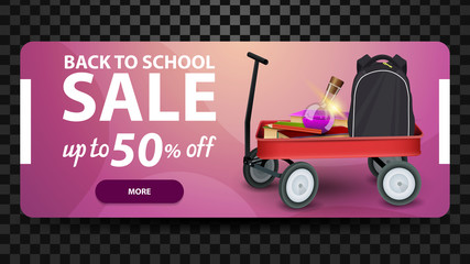Back to school sale, pink banner template for your creativity with a cart full of school supplies