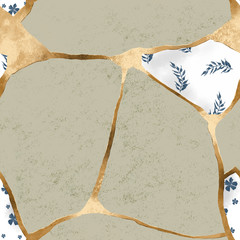 Seamless hand drawn patter Japan style with broken gold lines for branding and wedding stationery design