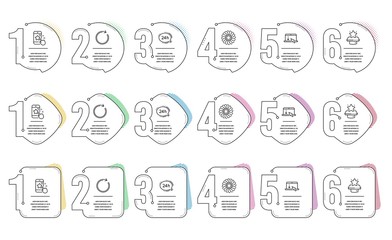 Scroll down, Winner podium and Synchronize line icons set. Infographic timeline. Star rating, 24h service and Fan engine signs. Landing page, First place, Refresh or update. Phone feedback. Vector