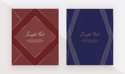 Luxury geometric red and blue design cards with golden polygonal lines frames. Trendy templates for banner, flyer, poster, greeting.