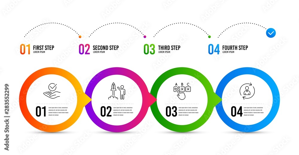 Poster launch project, correct checkbox and approved line icons set. timeline infographic. person info sign