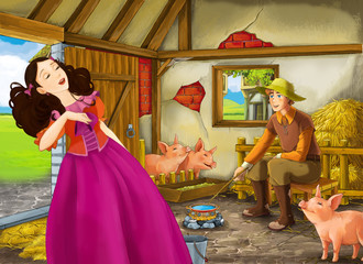 Obraz na płótnie Canvas Cartoon scene with princess and farmer rancher in the barn pigsty illustration for children