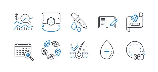 Set of Science icons, such as Check investment, Anti-dandruff flakes, Oil serum, Augmented reality, Feedback, Chemistry pipette, Organic tested, Medical calendar, Cogwheel blueprint. Vector