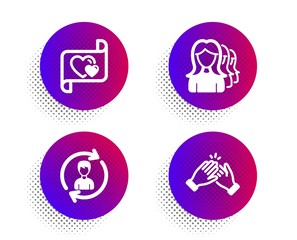 Human resources, Love letter and Women headhunting icons simple set. Halftone dots button. Clapping hands sign. Update profile, Heart, Women teamwork. Clap. People set. Vector