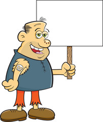 Cartoon illustration of a gruesome character holding a sign.