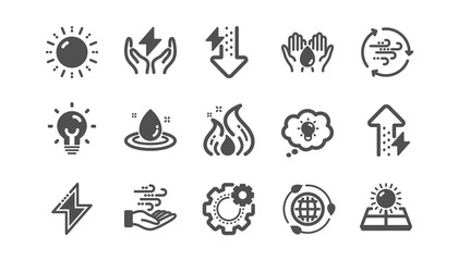 Energy icons. Solar panels, wind energy and electric thunder bolt. Fire flame, hazard, green ecology icons. Classic set. Quality set. Vector