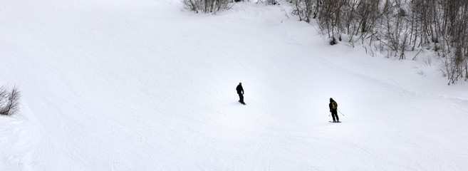 Skier and snowboarder on ski slope at gray winter day