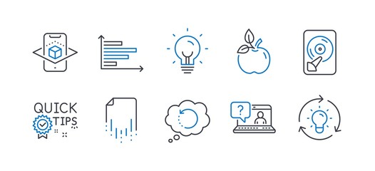 Set of Science icons, such as Hdd, Augmented reality, Energy, Recovery data, Faq, Eco food, Quick tips, Horizontal chart, Recovery file, Idea line icons. Memory disk, Phone simulation. Vector