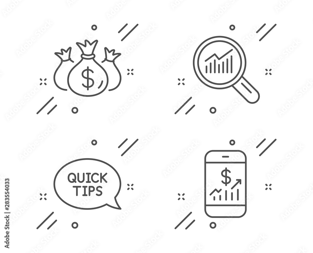 Poster data analysis, quickstart guide and check investment line icons set. mobile finance sign. magnifying