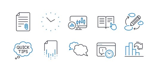 Set of Education icons, such as Quick tips, Time, Candlestick chart, Read instruction, Recovery file, Project deadline, Attachment, Keywords, Messenger, Decreasing graph line icons. Vector