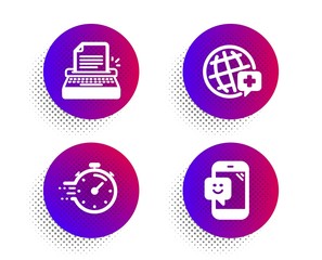 World medicine, Typewriter and Timer icons simple set. Halftone dots button. Smile sign. Online medicine, Writer machine, Deadline management. Phone feedback. Business set. Vector