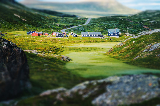 Summer Scenery In Jotunheimen National Park In Norway, Image With Tilt Shift Effect