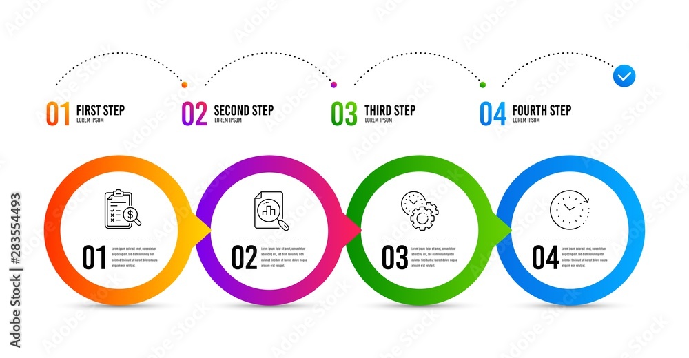 Poster time management, analytics graph and accounting report line icons set. timeline infographic. time ch