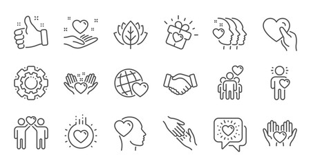 Friendship and love line icons. Interaction, Mutual understanding and assistance business. Trust handshake, social responsibility icons. Linear set. Quality line set. Vector - obrazy, fototapety, plakaty
