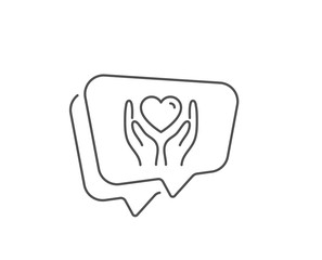 Hold heart line icon. Chat bubble design. Friends love sign. Friendship hand symbol. Outline concept. Thin line hold heart icon. Vector
