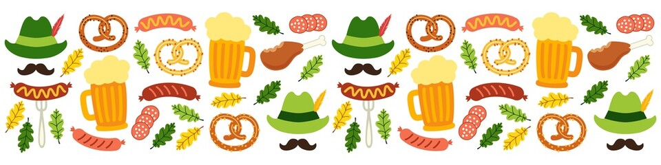 Cute Octoberfest Menu background with symbols as beer, sausage, pretzel, green german costume hunting hat with feather, mustache and oak leaves isolated on white - obrazy, fototapety, plakaty