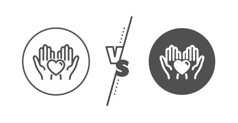 Friends love sign. Versus concept. Hold heart line icon. Friendship hand symbol. Line vs classic hold heart icon. Vector