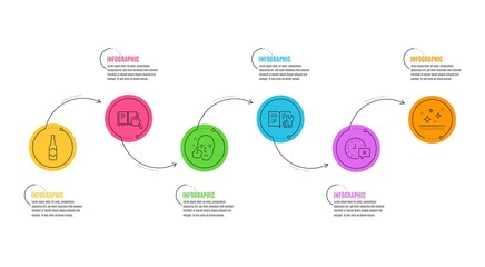 Engineering documentation, Time and Clean skin signs. Infographics timeline. Beer bottle, Search book and Healthy face line icons set. Craft beer, Online education, Healthy cosmetics. Manual. Vector