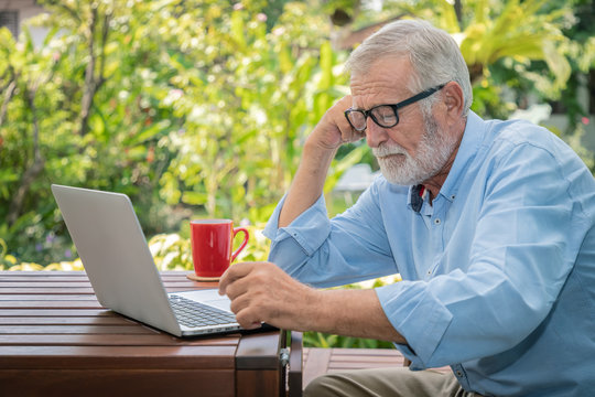 Senior man executive with white hair using computer laptop working at home with coffee