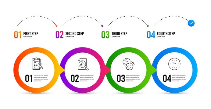 Time management, Analytics graph and Accounting report line icons set. Timeline infographic. Time change sign. Settings, Chart report, Check finance. Clock. Education set. Time management icon. Vector
